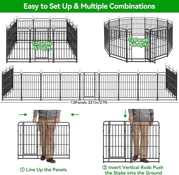 Dog Playpen Outdoor 12 Panels Heavy Duty Dog Fence 40" Height with Thick Pipe Anti-Rust with Doors Portable for RV Camping Yard, Total 27FT, 57 Sq.ft, Snowy Black-PawvioPets