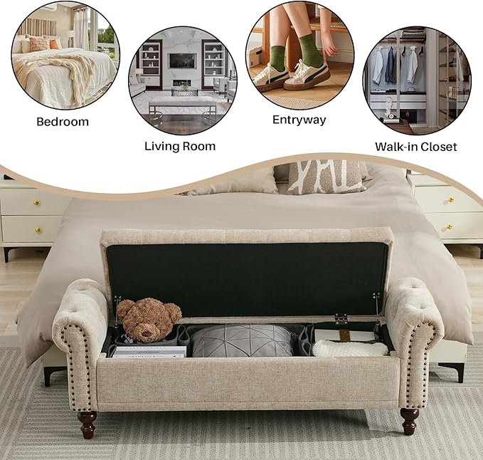 58.1'' Storage Bench Upholstered Chenille End of Bedroom Bed Bench Ottoman with Tufted Cushioned Rolled Arm Large Storage Space for Reading Living Room Entryway, Light Brown-PawvioPets
