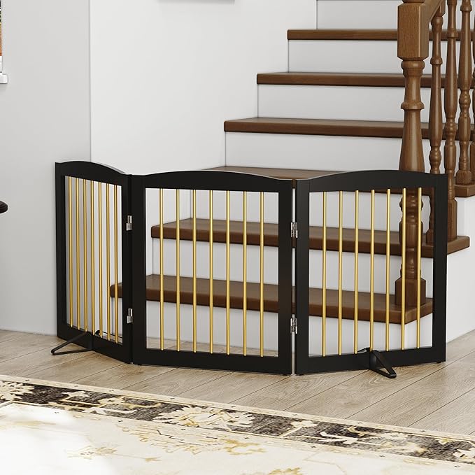 Freestanding Pet Gate for Dogs, Foldable Wooden Dog Gate for House, Indoor Dog Gate for Doorways, Stairs, Step Over Pet Puppy Safety Fence, Support Feet Included,24" Height 3 Panels,Black&Gold-PawvioPets