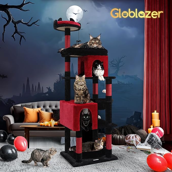 Globlazer Heavy Duty Gothic Cat Tree, 72in Large Cat Tower with Coffin Bed, Sturdy Maine Coon Cat Tree for Large Cats 20 lbs+, Medieval Castle Style with 6 Scratching Posts & Hammock, S72, Black & Red-PawvioPets