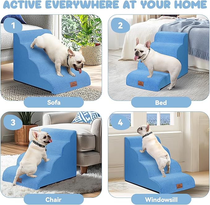 Dog Ramp and Stair for Bed 16" H-20 H,3-Step Cat Stair for Sofa and Chair,4-Step Dog Ramp for High Bed and Window,Durable Nonslip Fabric Cover for Indoor (Blue-20“H, Pet Friendly, 4)-PawvioPets