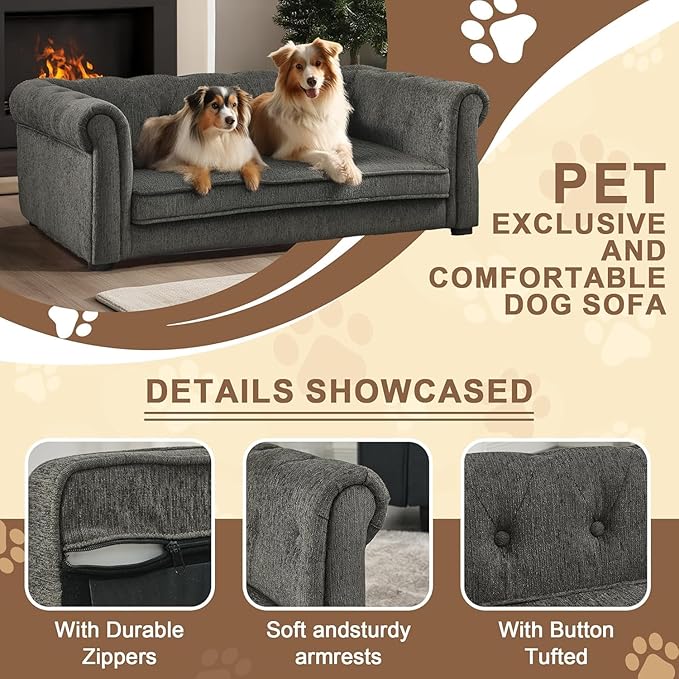 Dog Sofa Couch for Medium Dogs, 31" Memory Foam Dog Couch with Washable Fabric, Removable Cushion, Sofa Bed for Medium Dogs, Grey-PawvioPets
