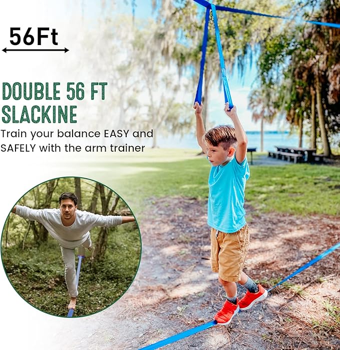2×56ft Ninja Warrior Obstacle Course for Kids - 600 lbs Weight Capacity, Slackline Obstacle Course with 8 Ninja Accessories - Monkey Bar, Rope Ladder, Gymnastic Ring, Arm Trainer and Monkey Fist-PawvioPets