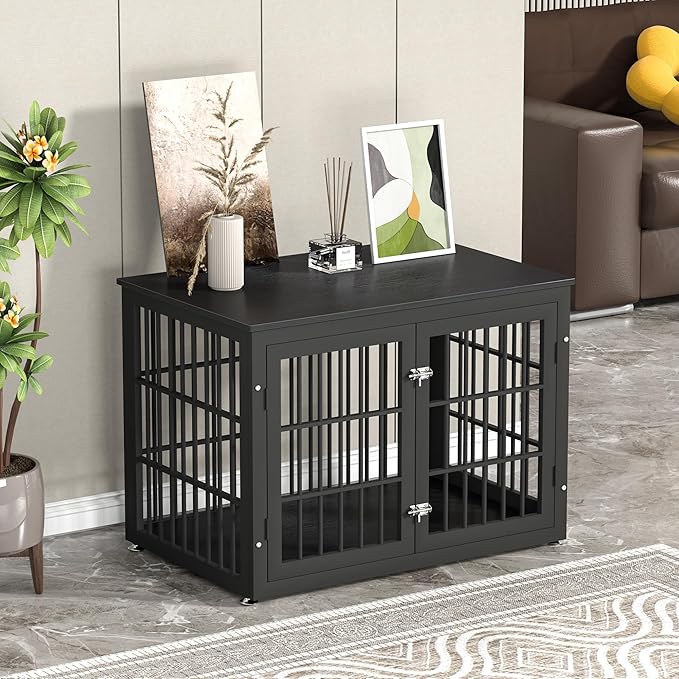 38 Inch Heavy Duty Dog Crate Furniture for Large and Medium Dogs, Decorative Pet House End Table, Wooden Cage Kennel Furniture Indoor, Black-PawvioPets
