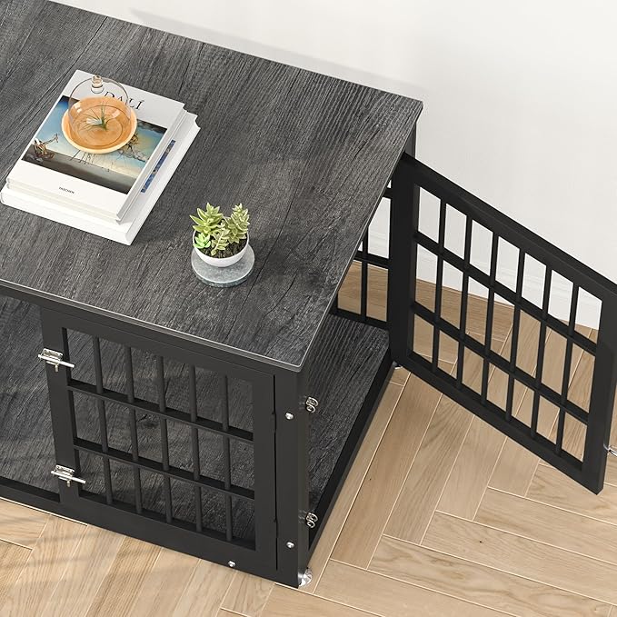 38 Inch Heavy Duty Dog Crate Furniture for Large and Medium Dogs, Decorative Pet House End Table, Wooden Cage Kennel Furniture Indoor, Gray-PawvioPets