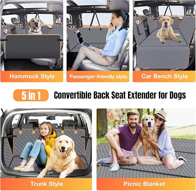 Dog Car Seat Cover for Back Seat, Dog Car Bed Cover with Strong Hard Bottom, Car Back Seat Extender Hammock for Car SUV Truck 4 Panels Gray Color Large Size-PawvioPets