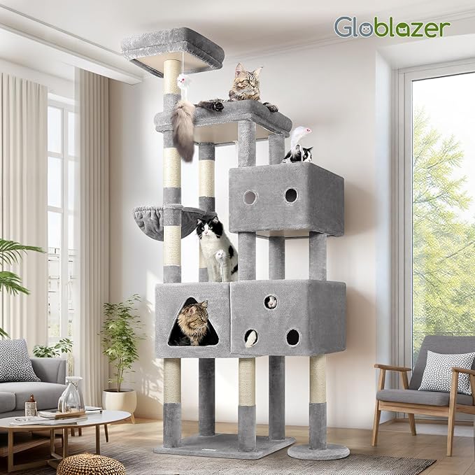 Globlazer Extra Large Cat Tower, 81-inch Tall Cat Tree for Big Cats 20 lbs, XXL Heavy Duty Cat Scratching Tower for Indoor Adult Cats with 3 Cat Condos, 8 Scratching Posts, F81, Light Grey-PawvioPets