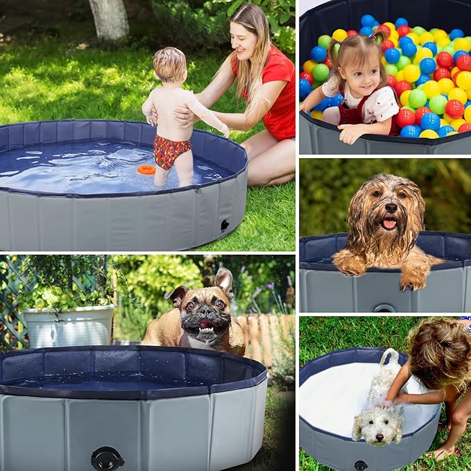 Foldable Dog Bath Swimming Pool Plastic Kiddie Pool Professional Tub Collapsible Grooming Bathtub for Pets Kids Baby and Toddler, 39.5 x 12 Inches Gray-PawvioPets