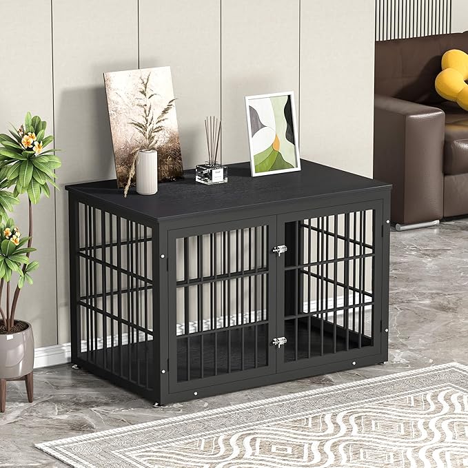 48 Inch Heavy Duty Dog Crate Furniture for Large Dogs, Decorative Pet House End Table, Extra Large Wooden Cage Kennel Furniture Indoor, Black-PawvioPets