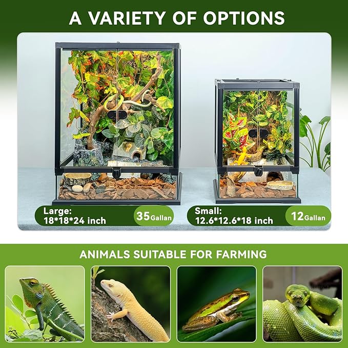 24x18x18'' 35 Gallon Glass Reptile Tank Front Opening Terrarium Suitable for Leopard Geckos, Snakes, Tree Frogs, Chameleons,Watertight Base, Ventilated Metal Mesh Top, Pre-Drilled Cable Holes-PawvioPets