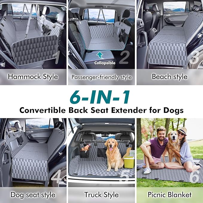 Back Seat Extender for Dogs-Supports 400lb,Waterproof Dog Car Seat Cover Hard Bottom-Detachable,600D Heavy Duty Scratch Proof Nonslip Soft,Dog Hammock for Car,SUVs-Grey-PawvioPets