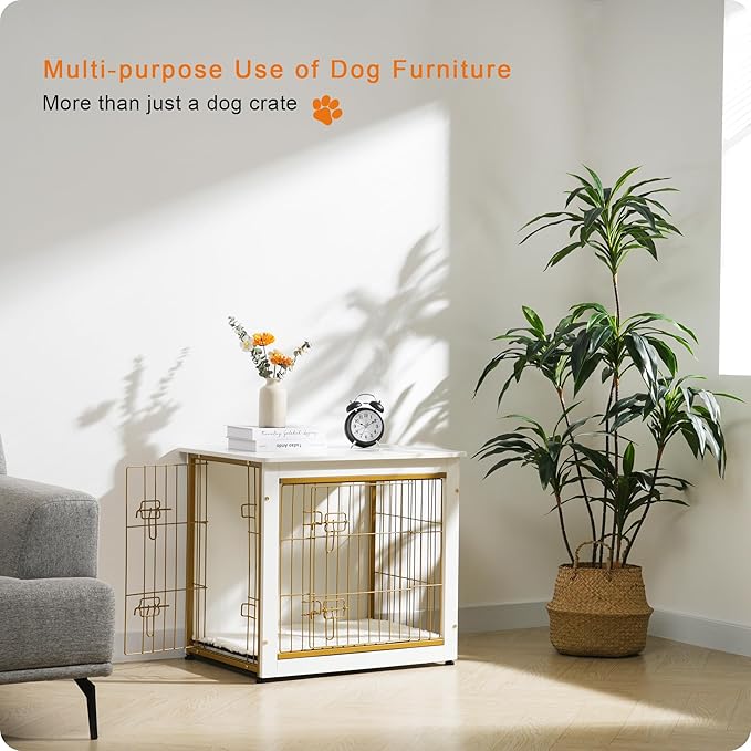 DWANTON Dog Crate Furniture with Cushion, Wooden Kennel Table with Double Doors, Indoor Dog House, Small/Medium/Large Size, 27.2" L, White-PawvioPets