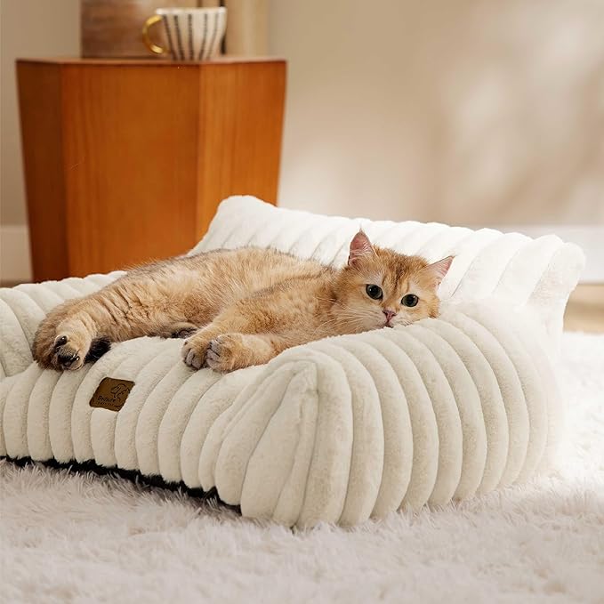 Bedsure Cute Couch for Pets - Fluffy Pet Sofa with Premium Soft Corduroy Fleece, Fuzzy Cat Beds for Indoor Cat with Removable Washable Cover, Supportive Pet Chair, 24inch, Cream-PawvioPets