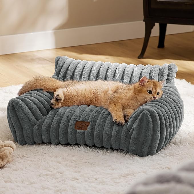 Bedsure Cute Cat Couch for Pets - Fluffy Cat Sofa with Premium Soft Corduroy Fleece, Fuzzy Pet Couch Bed with Removable Washable Cover, Supportive Pet Chair for Indoor Cats, 24inch, Warm Grey-PawvioPets