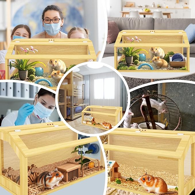 32" Wooden Hamster Cage, Chewproof Gerbil Cages and Habitats, Openable Top Roof Window with Silencing Pad, Guinea Pig Cage for Small Animals, Dwarf and Syrian Hamster, 32 x 16 x 16 Inches-PawvioPets