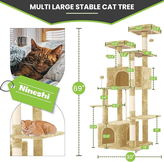 69in Large Cat Tree Tower for Indoor Cats with Soft Plush Hang Ball, Two Condos, Sisal Scratch Posts & Rope Play for Kittens/Adult Cats, Beige-PawvioPets