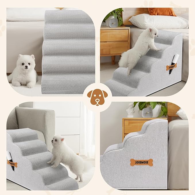 Dog Stairs, Romrol Dog Steps Ramp for High Bed and Couch, Dogs Ramp with Durable Non-Slip Waterproof Fabric Cover, Pet Stairs for Small Dogs and Cats or Pets Joints, 4-TiersLight Grey-PawvioPets