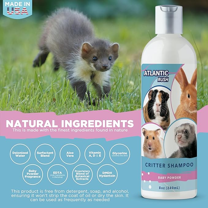Critter Shampoo for Small Pets - 8oz Small Animal Baby Powder Scented Shampoo - Pet Shampoo for Small Critters Including Ferrets, Guinea Pigs, Rabbits, Hedgehogs, Hamsters & Sugar Gliders-PawvioPets