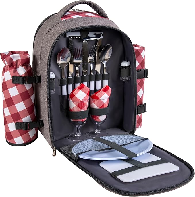 apollo walker Picnic Backpack Bag with Cooler Compartment, Detachable Bottle/Wine Holder, Fleece Blanket, Plates and Cutlery Set (2 Person, Gray)-PawvioPets