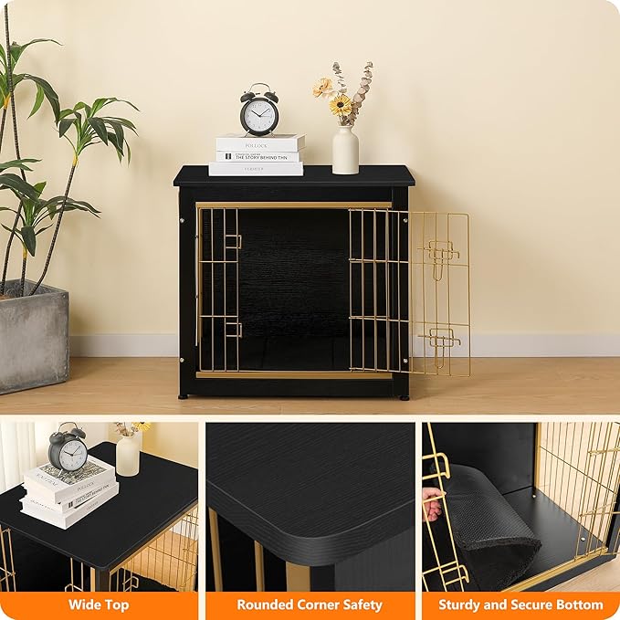 DWANTON Dog Crate Furniture with Cushion, Wooden Kennel Table with Double Doors, Indoor Dog House, Small/Medium/Large Size, 27.2" L, Black+Gold-PawvioPets