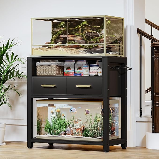 20-29 Gallon Aquarium Stand with Power Outlet & 2 Storage Drawers, Heavy Duty Metal Frame Fish Tank Stand with Waterproof Mat, 30.7" L*15.7" W Tabletop, 550LBS Capacity, Black-PawvioPets