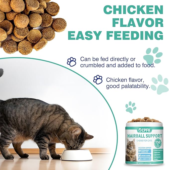 Cat Hairball Remedy Treats, 150 Soft Chews Cat Hair Ball Treatment Furball Control Relief Helps Eliminate and Prevent Hairballs for Indoor Cats Supports Skin and Coat Digestion Chicken Flavor-PawvioPets