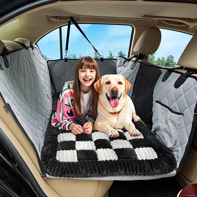 Dog Car Bed Mat, Non-Slip Backseat Extender Pet Blanket, Plaid Dog Bed for SUVs, Sedans & Trucks, Chew-Resistant Travel Pad for Dogs, Easy Clean & Scratch-Proof & Comfort (50"x24.6")-PawvioPets