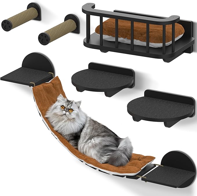 FURRY VIBES Cat Wall Shelves & Perches – 7-in-1 Cat Wall Furniture Set with Bed, Climbing Steps, Scratcher & Bridge Ladder – Black Bamboo Wall Cat Shelf for Indoor Cats-PawvioPets