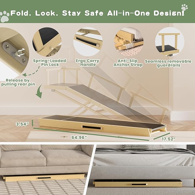 6 Level Height Adjustable Dog Ramp for Bed, Couch 65" Foldable Pet Ramp with Non-Slip Mat,DIY Glow Strips & Rest Platform Heavy Duty Dog Stairs for Large Dogs up to 200Lbs ,Wood Color-PawvioPets