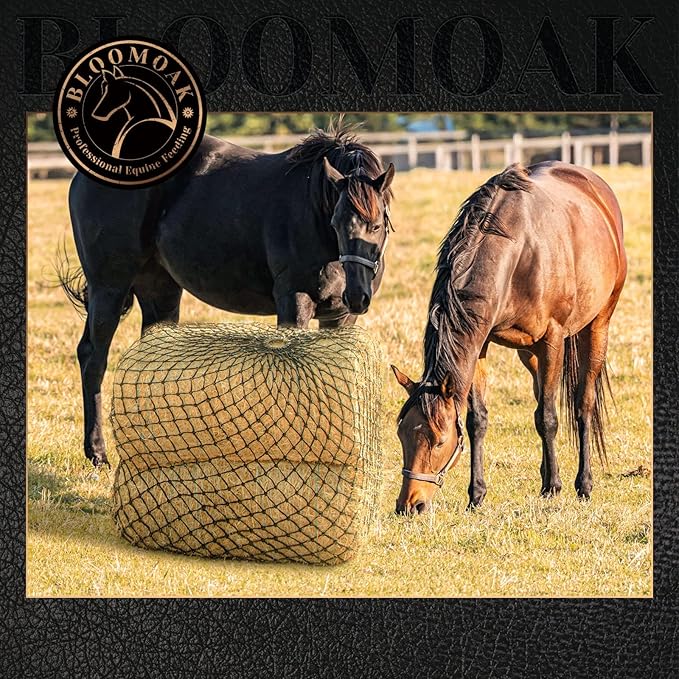 Bloomoak Slow Hay Net Feeder for Horses, Durable Soft Black PE 2/3 String Hay Bales Bags, Fit 36x18x18 to 47x25x17 Inches, Extends 50-64 Inches (2 1.6" Hole/1PC)-PawvioPets