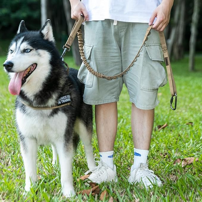 EXCELLENT ELITE SPANKER Tactical Bungee Dog Leash Military Adjustable Dog Leash Quick Release Elastic Leads Rope with 2 Control Handle(Black-PawvioPets