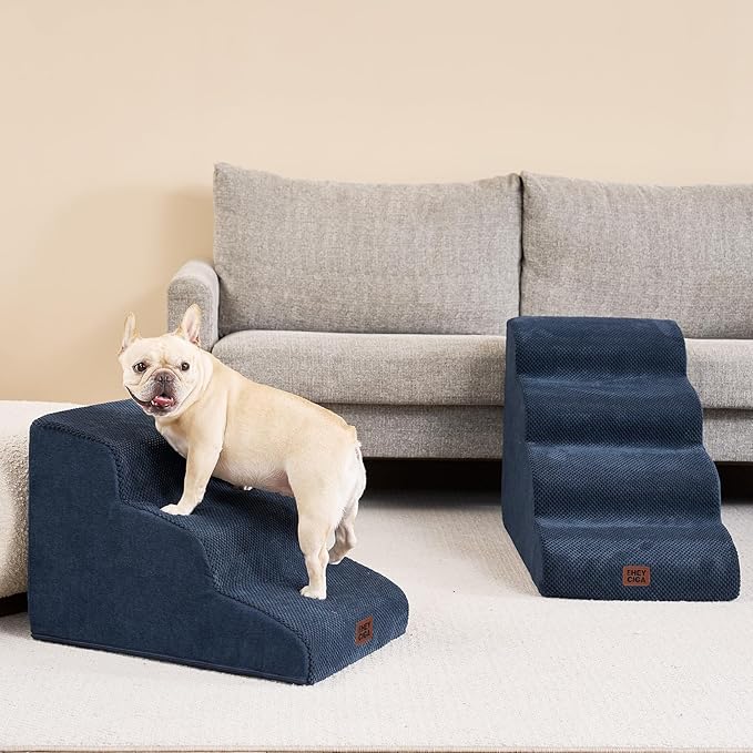 EHEYCIGA Curved Dog Stairs Ramp for Small Dogs 15.7" H, 3-Step Dog Steps for Couch Sofa and Chair, Pet Stairs for Cats, Non-Slip Balanced Pet Steps Indoor, Navy-PawvioPets