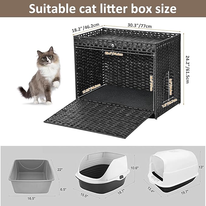 Cat Litter Box Enclosure with Soft Litter Mat; Hidden Cat Washroom Furniture with Door; Handwoven Rattan Cat House with Large Space; Pet Crate for Living Room, Bedroom, Balcony (Black)-PawvioPets