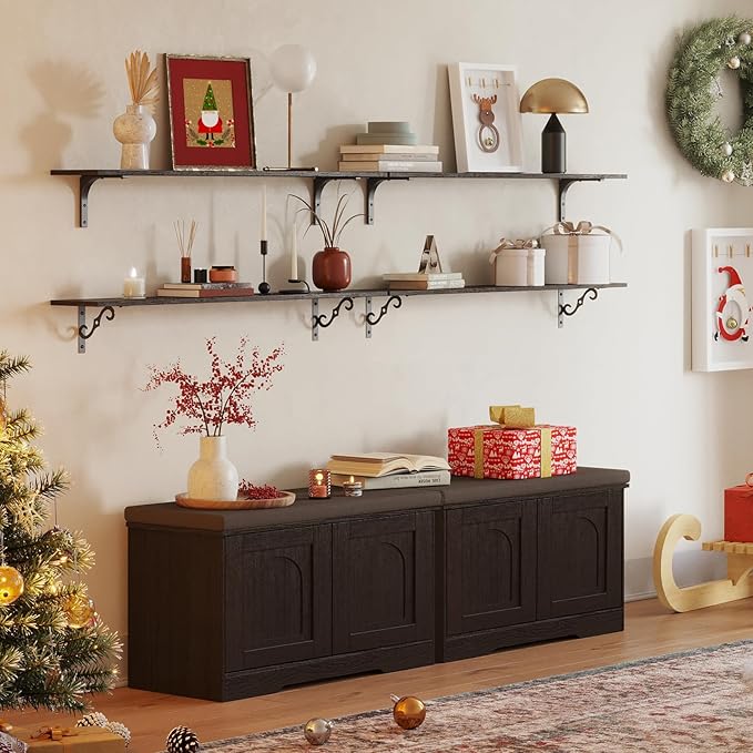 DINZI LVJ Shoe Bench, Entryway Storage Bench with Doors, Cushion, 2-Tier Shoe Rack with 6-Cubby, 31.5”L x 13.8”W Shoe Organizer Cabinet, Adjustable Shelf, Living Room, Bedroom, Espresso-PawvioPets