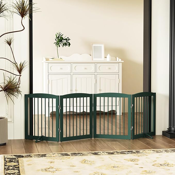 Freestanding Pet Gate for Dogs, Foldable Wooden Dog Gate for House, Indoor Dog Gate for Stairs, Doorways, Step Over Pet Puppy Safety Fence, 80 Inch Wide, 4 Panels 24", Green-PawvioPets
