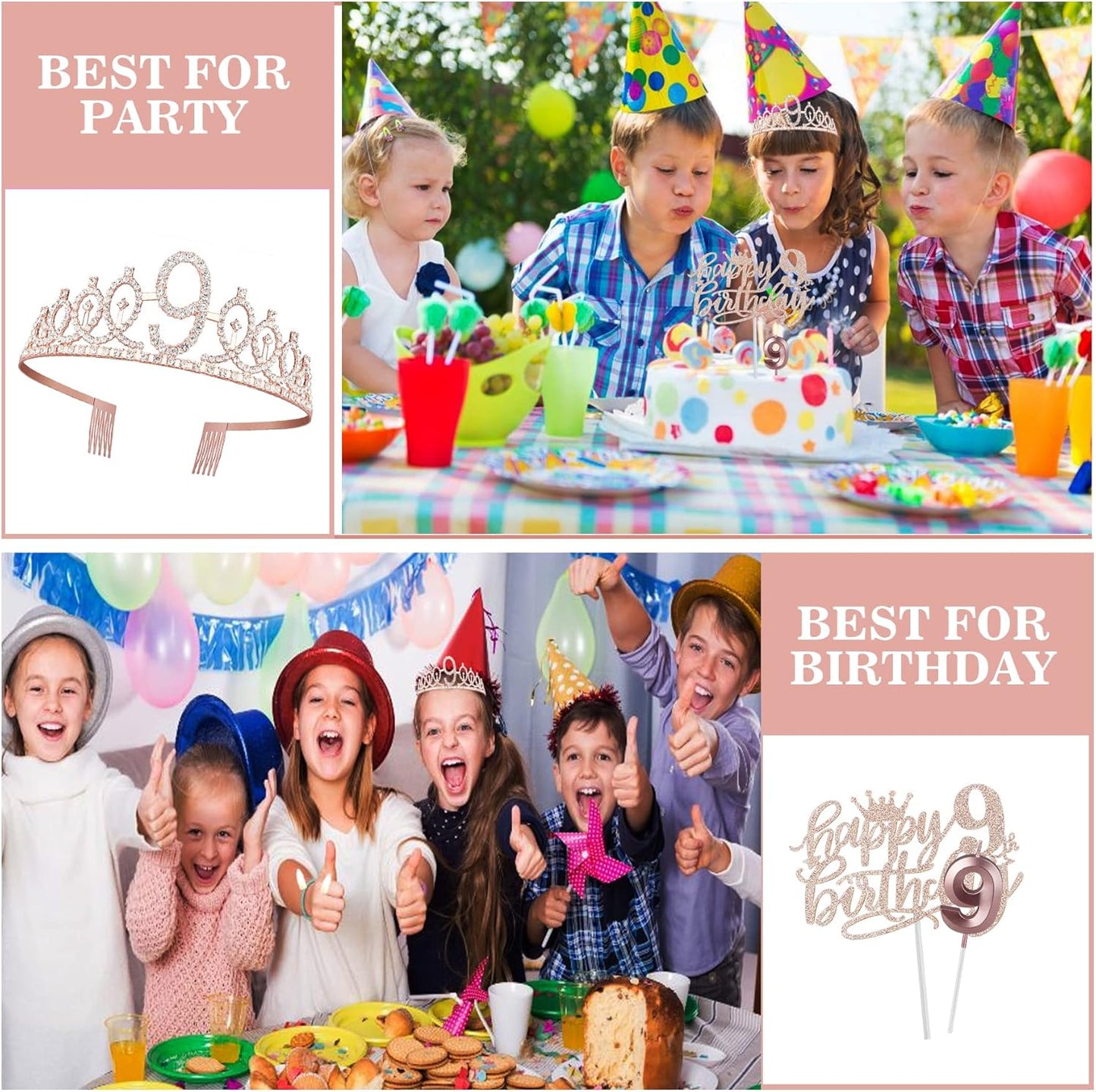 9th Birthday Decorations for Girl Including Sash, Crown, Numeral Candle and Cake Topper, 9 Year Old Girls Party Favor Supplies