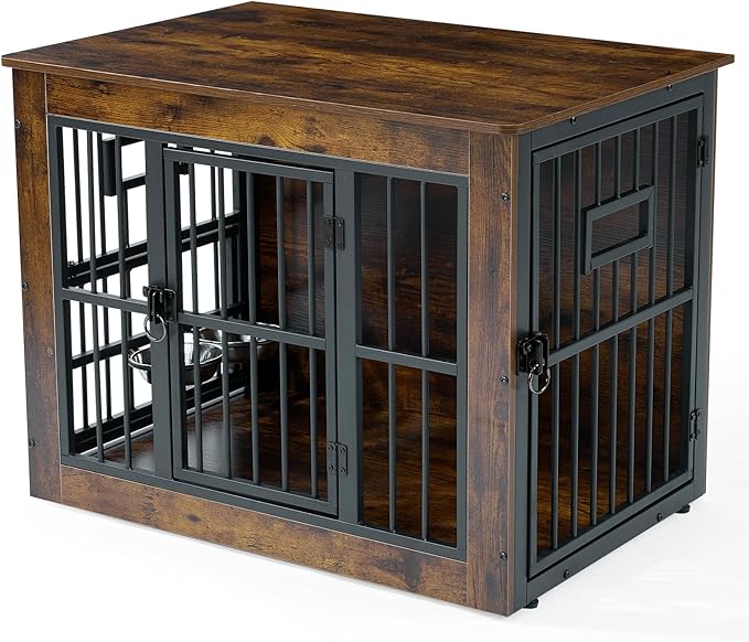 Gardner Pet Dog Crate Furniture for Medium Dogs, 32.7 Inch Dog Kennel Indoor, Wooden Dog Cage End Table with 2 Removable Bowls, Heavy Duty Dog Crate, Rustic Brown-PawvioPets