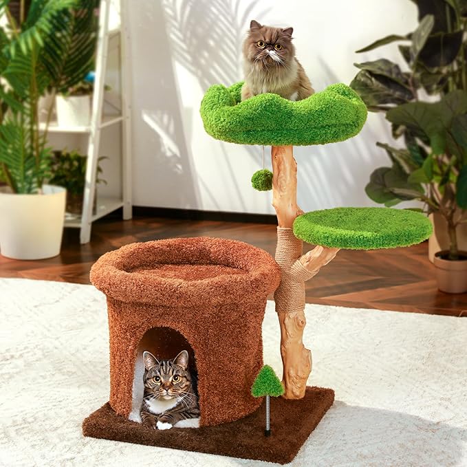32-Inch Multi-Level Cat Tree Tower, Natural Wooden Cat Furniture with Sisal Scratching Posts, Beds & Condo, Cute Cat Tree for Indoor Cats, Multi-Cat Householdsolds-PawvioPets