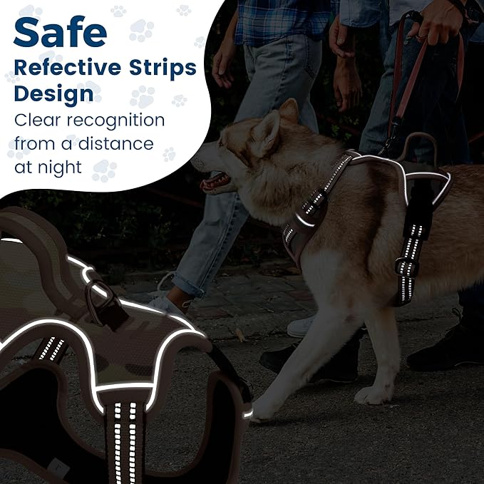 Funfox Dog Harness No Pull, Adjustable Pet Vest Harness, Super Soft Material with Vertical Handle Easy Control, Reflective Night Walking, 2 Leash Clips for Medium Sized Dogs, Camo Brown, M-PawvioPets