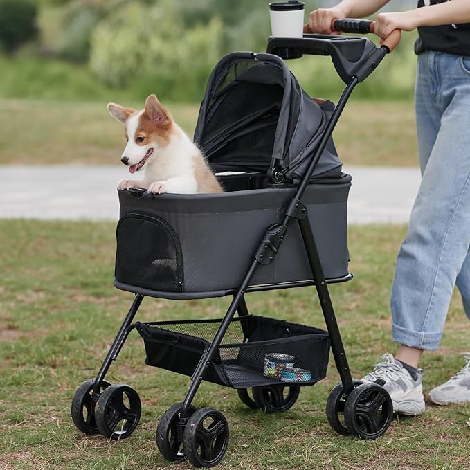 3 in 1 Pet Stroller with Removable Carrier, Folding Stroller for Small/Medium Dogs and Cats, Waterproof, All-Terrain, with Sun Shades, Car Seat-PawvioPets