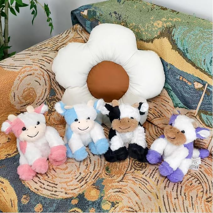 Blue and White Cow Weighted Stuffed Animal 20cm/7.87in Cute Sitting Cow Plush Toy with Smile Soft Fluffy Small Farm Plushie for Kids Adults Birthday Festival Gift Bed Home Office Decor Toys-PawvioPets