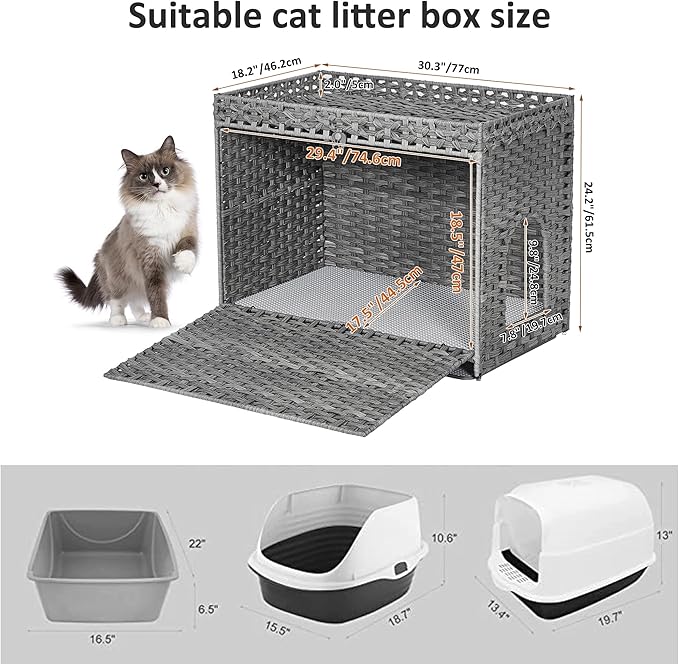 Cat Litter Box Enclosure with Soft Litter Mat; Hidden Kitten Washroom Furniture with Door; Handwoven Rattan Cat House with Large Space; Pet Crate for Living Room, Bedroom, Balcony (Grey)-PawvioPets