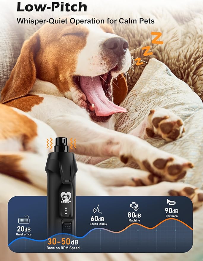 Casfuy 6-Speed Dog Nail Grinder – 50%+ Boost Power Dog Nail Trimmers Quiet with Dust Cap & 2 LED Lights & 2000mAh Battery & 4.8V Motor Electric Pet Toenail File Tool for Large Medium Small Dogs Cats-PawvioPets