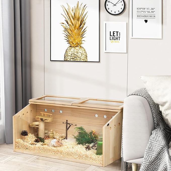 COZIWOW Wooden Hamster Cage, Large Hamster Habitats Enclosure with Acrylic Window & Openable Top, (32" L x 16" W x 16" H) Small Animal Cage for Guinea Pig, Chinchilla, Gerbil-PawvioPets