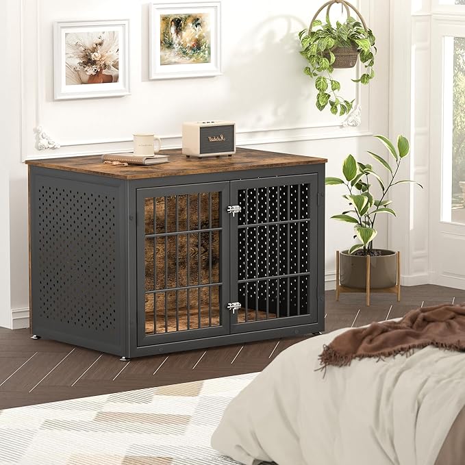 42" Heavy Duty Dog Crate Furniture for Large and Medium Dogs, Enclosed Design Wooden Metal Kennel, Wooden Cage Furniture Indoor, Decorative Dog Kennel End Table-PawvioPets