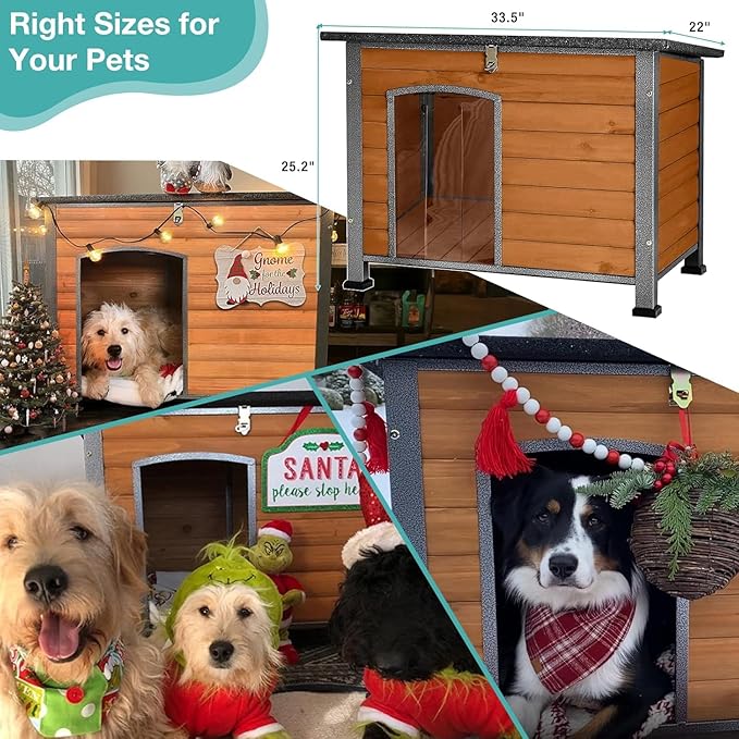 Feral Dog House Outdoor,Anti Bite Iron Frame Dog Kennel,Wood Warm Pets Home,Insulated Weatherproof Outside Shelter for Feral Animal (33.5"(L)×22"(W)×25.2"(H)-Brown-in)-PawvioPets