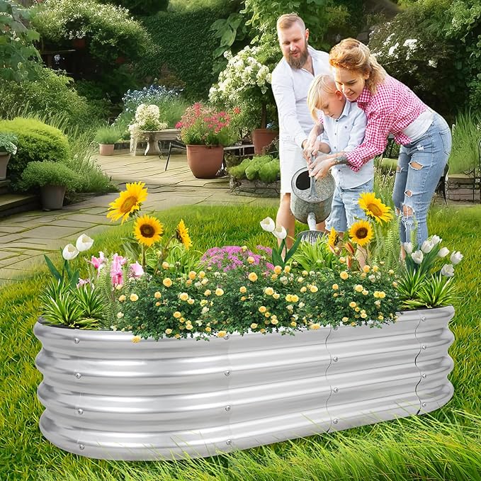 1MORE Galvanized Raised Garden Bed- Planter Garden Boxes Outdoor, Raised Beds for Gardening, 4x2x1ft Metal Garden Bed Kit for Vegetables Flower, Planter Raised Beds with Tools.Silver-2pack-PawvioPets