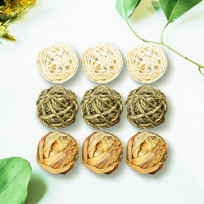 9 Pcs Small Animals Play Balls Rolling Activity Chew Toys Gnawing Treats for Rabbits Guinea Pigs Chinchilla Bunny Natural Balls, Pet Cage Entertainment Accessories (9 Pcs)-PawvioPets