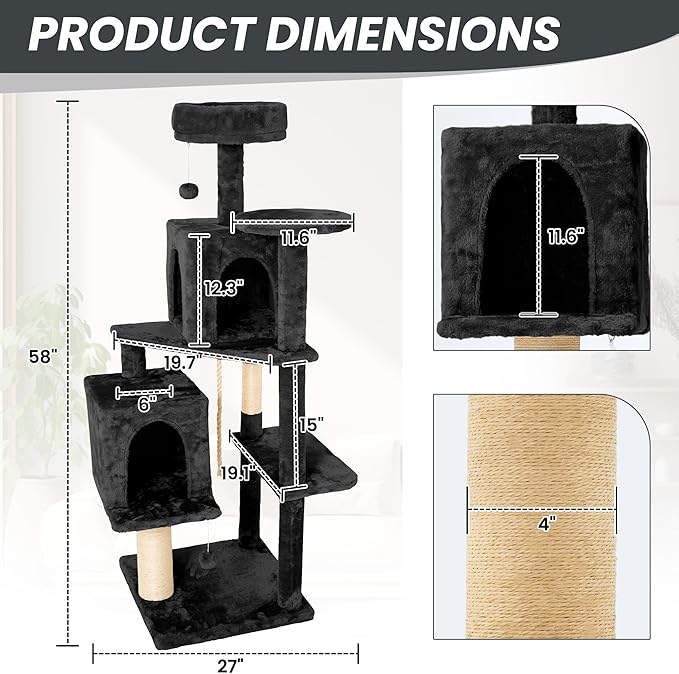 59in Large Cat Tree Tower for Indoor Cats with Soft Plush Hang Ball, Two Condos, Sisal Scratch Posts & Rope Play for Kittens/Adult Cats, New Dark Grey-PawvioPets