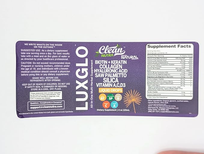Biotin Liquid Drops Collagen Keratin Hyaluronic Acid Saw Palmetto for Hair Skin and Nails Silica Vitamin A C Vitamin D Bamboo Turmeric Zinc Folate Magnesium Horsetail LuxGlo by Clean Nutra - 2Pack-PawvioPets